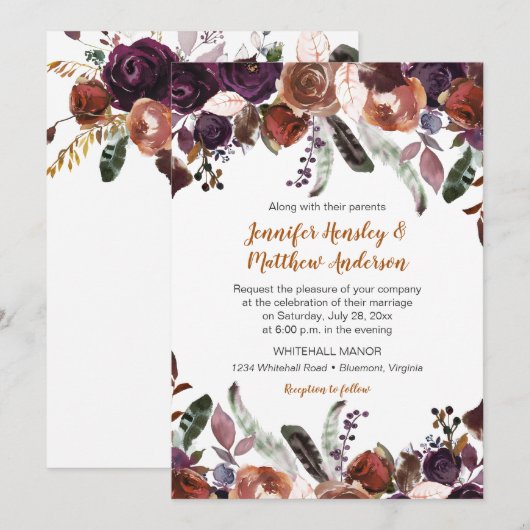 Butter Rum Rust Dark Lila Rose Boho Hochzeit Einladung (Vorne/Hinten)
