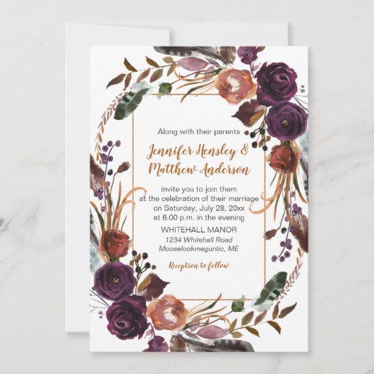 Butter Rum Rust Dunkle Lila Rose Wraath Wedding Einladung (Vorderseite)