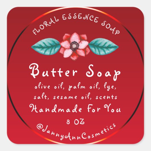 Butter Seife Kosmetik Handmade Logo Rote Blüte Quadratischer Aufkleber (Vorderseite)