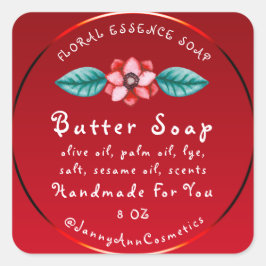Butter Seife Kosmetik Handmade Logo Rote Blüte Quadratischer Aufkleber