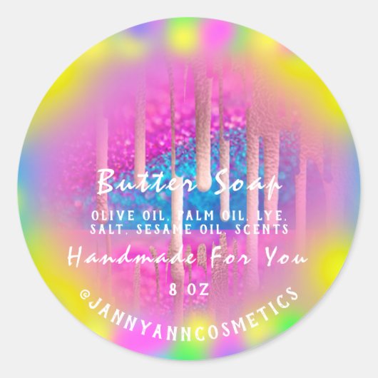 Butter Soap Kosmetik Pink Holograph Girl Tropfens Runder Aufkleber (Vorderseite)