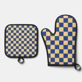 Butter yellow and blue checkered board pattern ofenhandschuh & Topflappen-Set