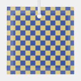 Butter yellow and blue checkered board pattern ornament aus glas