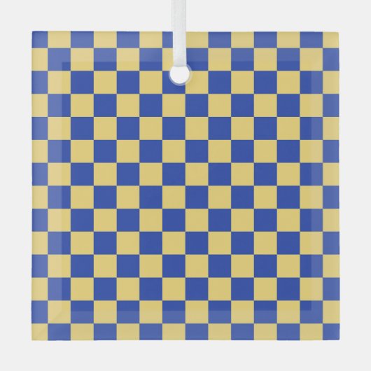 Butter yellow and blue checkered board pattern ornament aus glas (Vorderseite)