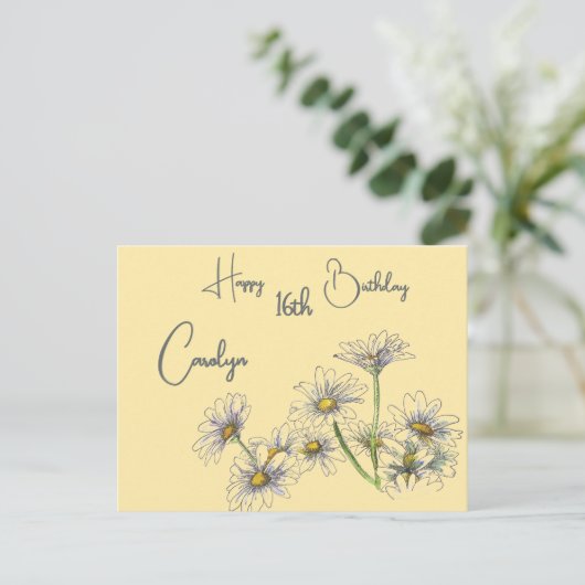Butter Yellow Daisy Wasserfarbe Name & Alter Gebur Postkarte (Stehend Vorderseite)