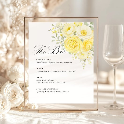 Butter Yellow Ivory Floral Wedding Bar Menu Sockelschild