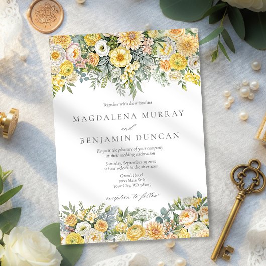 Butter Yellow Peach Sage Green Floral Wedding Einladung