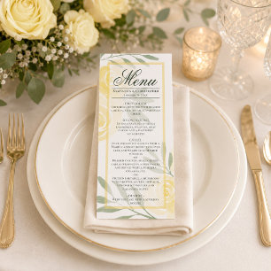 Butter Yellow & Sage Aquarell-Rosen Boho-Hochzeit Menükarte