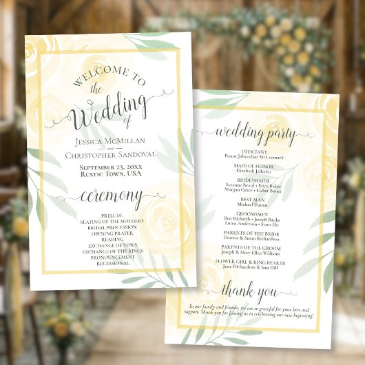 Butter Yellow & Sage Rosen Budget-Hochzeitsprogram
