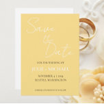 Butter Yellow Simple Style Wedding Save The Date<br><div class="desc">Einfache Hochzeit im Stile rette den aktuellen Einladungen,  die mit einem weißen,  stilisierten Skript auf einem trendigen,  buttergelben Hintergrund versehen sind. Bearbeiten und ersetzen Sie Namen,  Datum und Position mit Ihrem eigenen. Wählen Sie Ihre Einladungsgröße und Ihren Papierstil aus.</div>