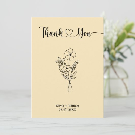 Butter Yellow Wildflowers Floral Photo Wedding Dankeskarte (Stehend Vorderseite)