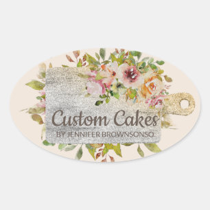 Butterbrett Backküche Floral Gold Ovaler Aufkleber