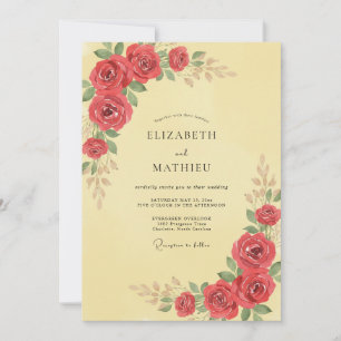 Buttercreme-Scharlachrote Rosenhochzeit Einladung