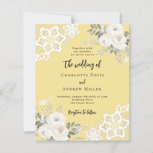 Buttercremegelbe weiße Spitzen Einladung zur Hochz (Vorderseite)