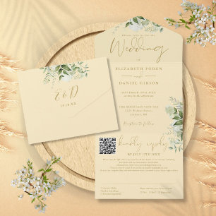 Buttercup-Gelb-Grün-Monogramm-QR-Code-Hochzeit All In One Einladung