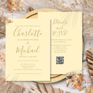 Buttercup-Gelb und Gold QR-Code-Hochzeit Einladung
