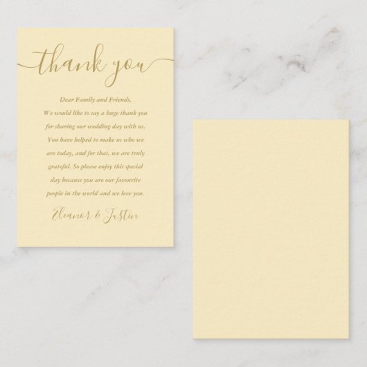 Buttercup Gelb und Gold Script Hochzeit Vielen Dan Platzkarte (Vorne/Hinten)