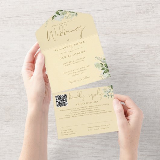 Buttercup Gelbgrün Monogram QR Code Hochzeit All In One Einladung (Abreißen)