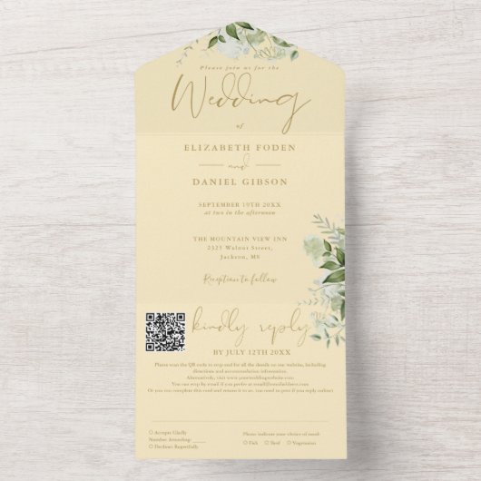 Buttercup Gelbgrün Monogram QR Code Hochzeit All In One Einladung (Innen Boden)