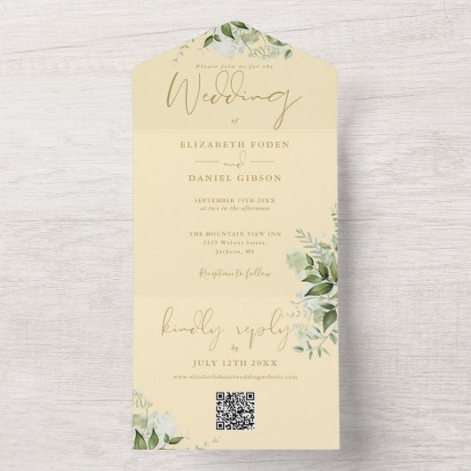Buttercup Gelbgrün QR Code Monogramm Hochzeit All In One Einladung (Innen Boden)