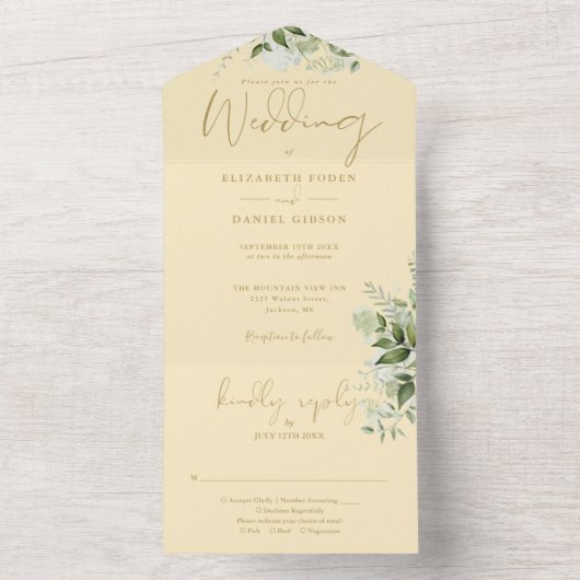 Buttercup-Hochzeit Gelb und Gold Floral Monogramm All In One Einladung (Innen Boden)