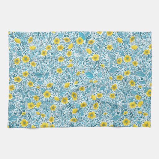 Buttercups, gelb, blau und weiß geschirrtuch (Horizontal)