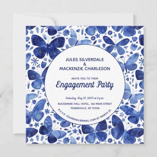 Butterfets Watercolor Blue Engagement Party Einladung (Vorderseite)