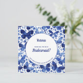 Butterfisch Watercolor Blue Sei meine Bridesmaid Einladung (Stehend Vorderseite)