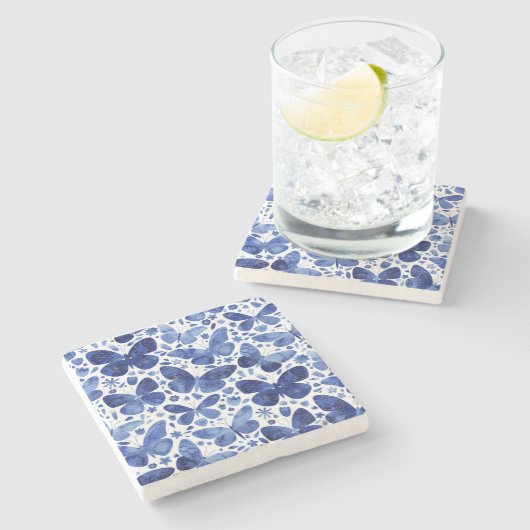 Butterfisch Watercolor Blue Steinuntersetzer (Seitenansicht)