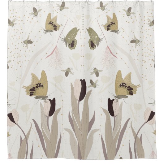 Butterfische Tulips Gold Sage Muster Duschvorhang (Vorderseite)
