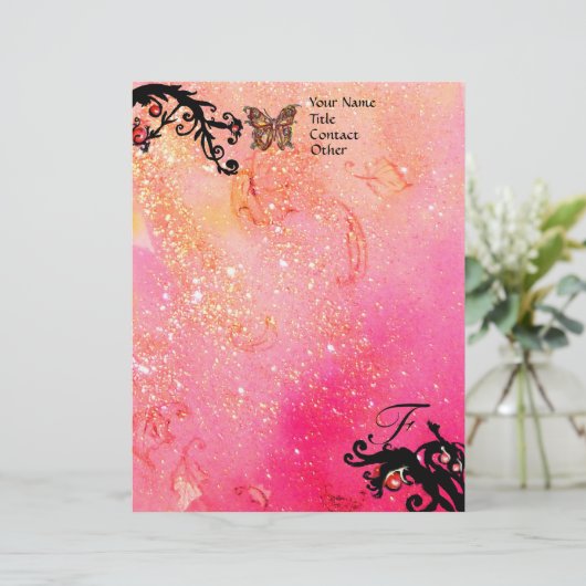 BUTTERFLEGE IN GLITZERN, Pink Fuchsia Black Monogr Briefbogen (Stehend Vorderseite)
