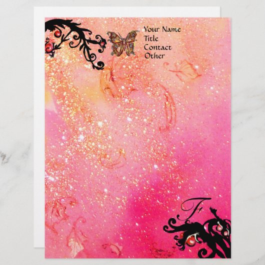 BUTTERFLEGE IN GLITZERN, Pink Fuchsia Black Monogr Briefbogen (Vorne/Hinten)