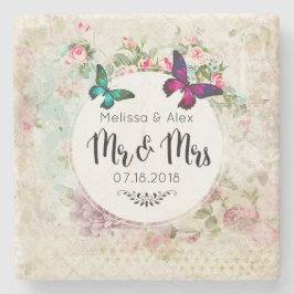 Butterflie auf einem Floral Vintag Collage Mr. and Steinuntersetzer