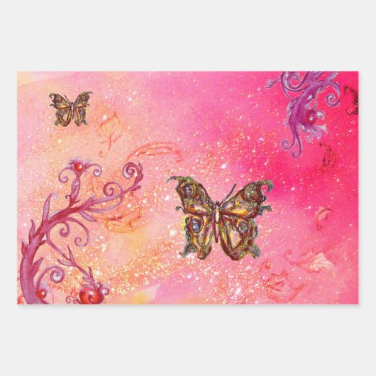 BÜTTERFLIEGEN, BLAU LILA GRÜNE GLITZERN GESCHENKPAPIER SET (Vorderseite 3)