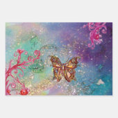 BÜTTERFLIEGEN, BLAU LILA GRÜNE GLITZERN GESCHENKPAPIER SET (Vorderseite 2)