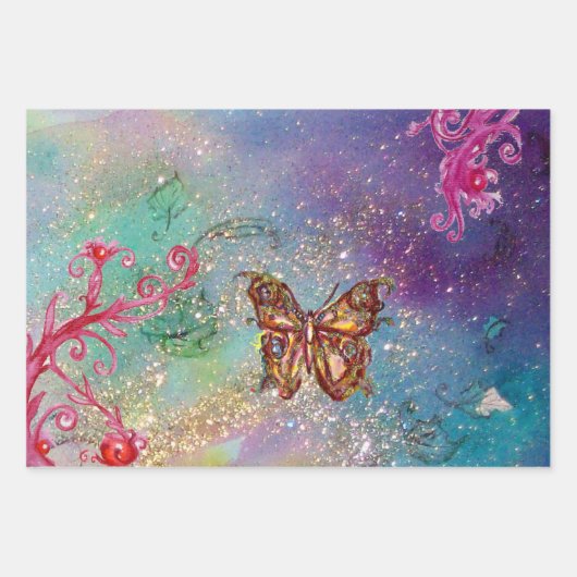 BÜTTERFLIEGEN, BLAU LILA GRÜNE GLITZERN GESCHENKPAPIER SET (Vorderseite 2)