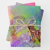 BÜTTERFLIEGEN, BLAU LILA GRÜNE GLITZERN GESCHENKPAPIER SET (Beispiel)