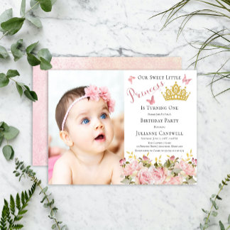 Butterfliegen Floral Princess Foto 1. Geburtstag Einladung