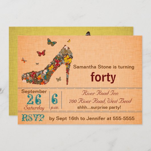 Butterfliegen High Heel 40. Geburtstag Einladung (Vorne/Hinten)