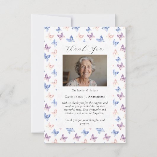 Butterfliegen Lilac Blue Beileid Foto Beerdigung Dankeskarte (Vorderseite)