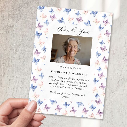 Butterfliegen Lilac Blue Beileid Foto Beerdigung Dankeskarte