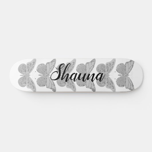 Butterfliegen Silver Gray Sparkle Personalisiert Skateboard (Horizontal)