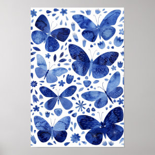 Butterfliegen Watercolor Indigo Blue Poster