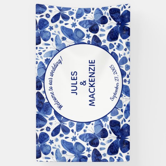 Butterfliegen Watercolor Indigo Blue Wedding Banne Banner (Vertikal)