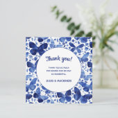Butterfliegen Watercolor Indigo Blue Wedding Dankeskarte (Stehend Vorderseite)