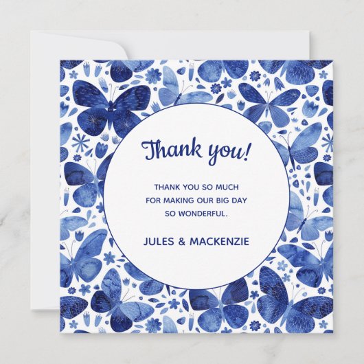 Butterfliegen Watercolor Indigo Blue Wedding Dankeskarte (Vorderseite)