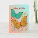 Butterflies and Leaves Friend Birthday Card Karte<br><div class="desc">Two beautiful hand drawn butterflies and plants on a pale peach and jade background. Inside left and right has frame and plants. Birthday message provided. This card is perfect for friends, co-workers or anyone you want to wish happy birthday to. Images and text are customizable. Feel free to personalize with...</div>