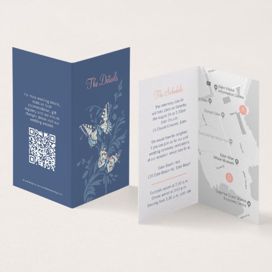 Butterflies Blaukorallenhochzeitsdetails Karte QR (Innenseite und Außenseite)