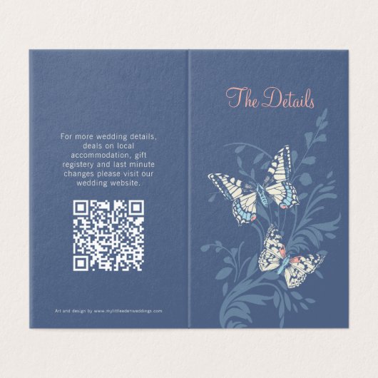 Butterflies Blaukorallenhochzeitsdetails Karte QR (Außenseite Aufgefaltet)