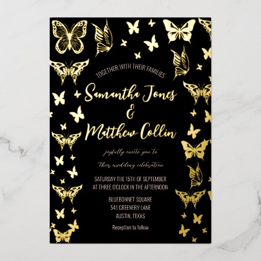 Butterflies Boho Black Gold Foil Wedding Folieneinladung (Vorderseite)